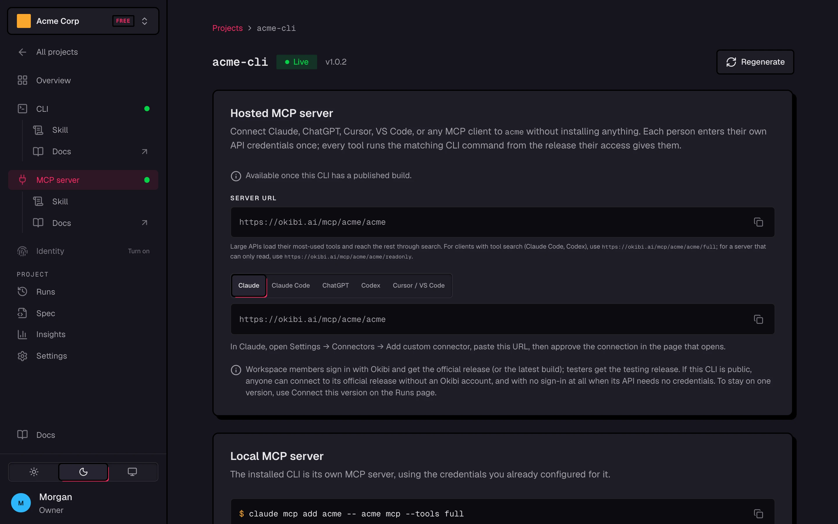 The MCP server page, with the server URL and setup steps for each client