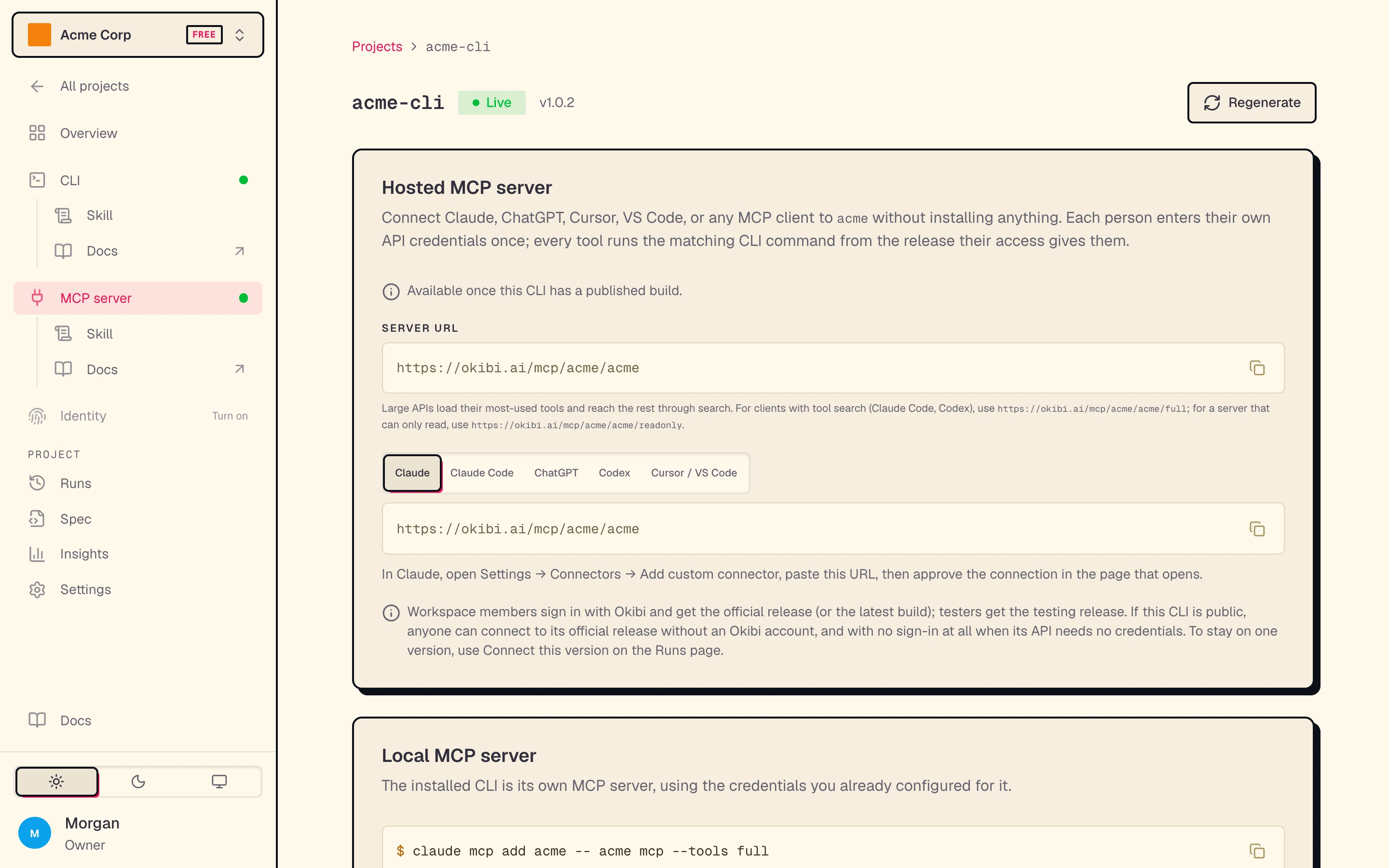 The MCP server page, with the server URL and setup steps for each client