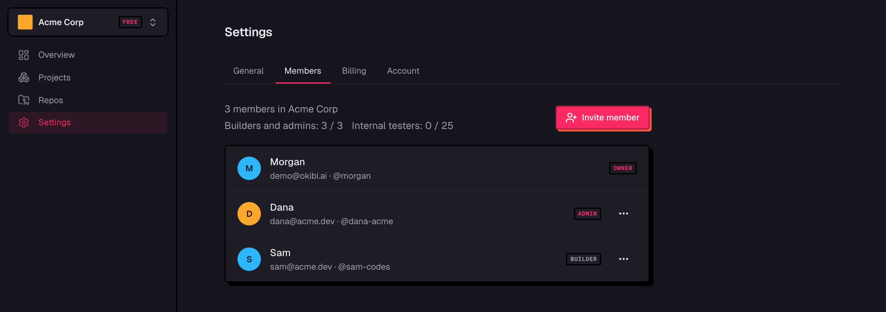 Settings > Members, listing each member's role, with Invite member