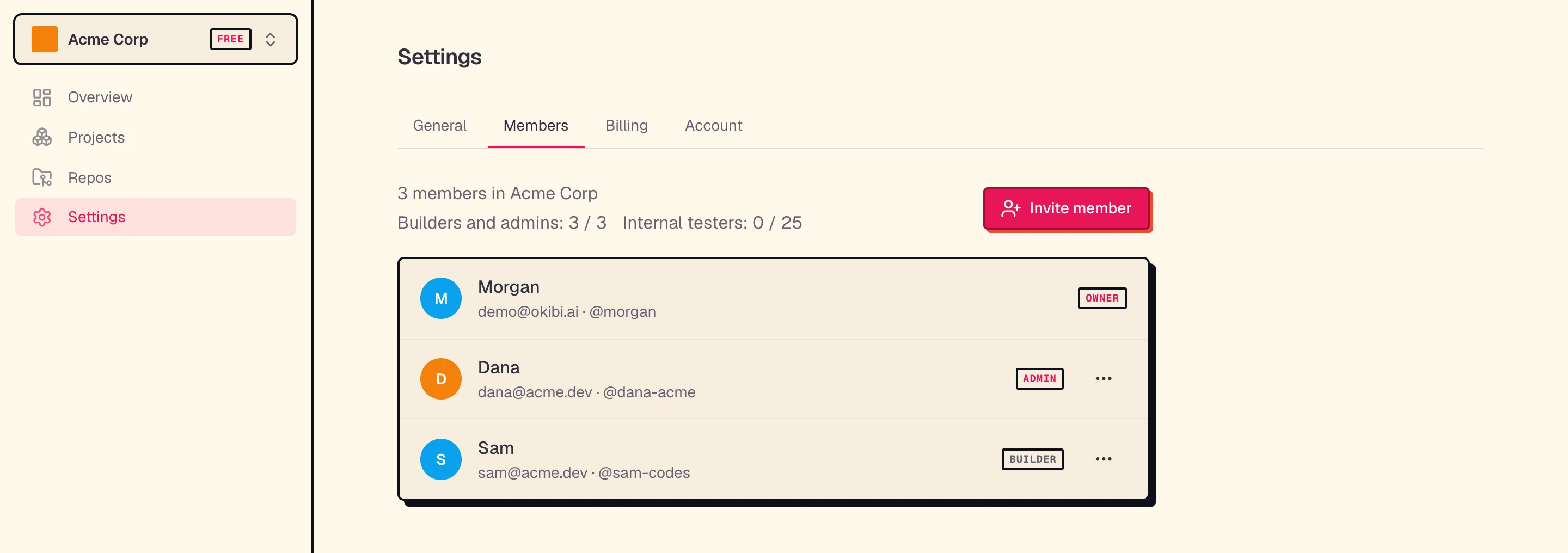 Settings > Members, listing each member's role, with Invite member