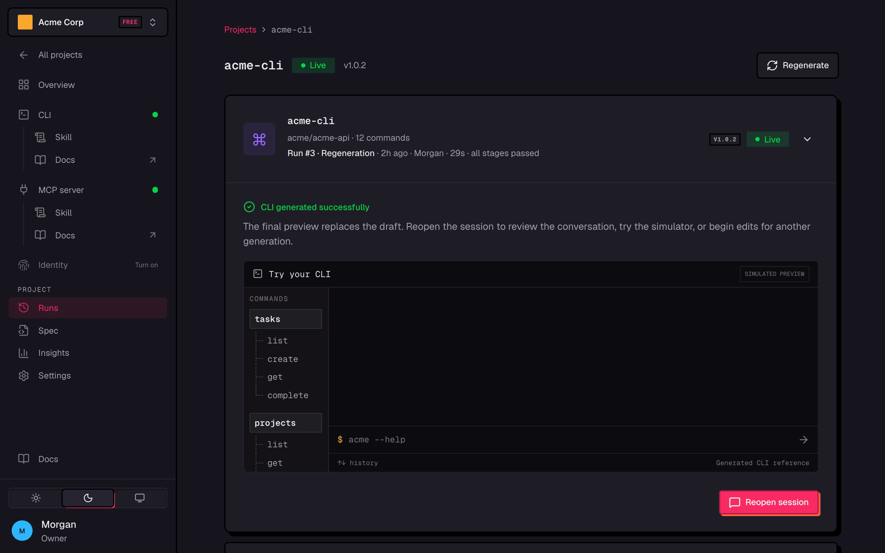 A successful build on the Builds page, with Try your CLI and Reopen session