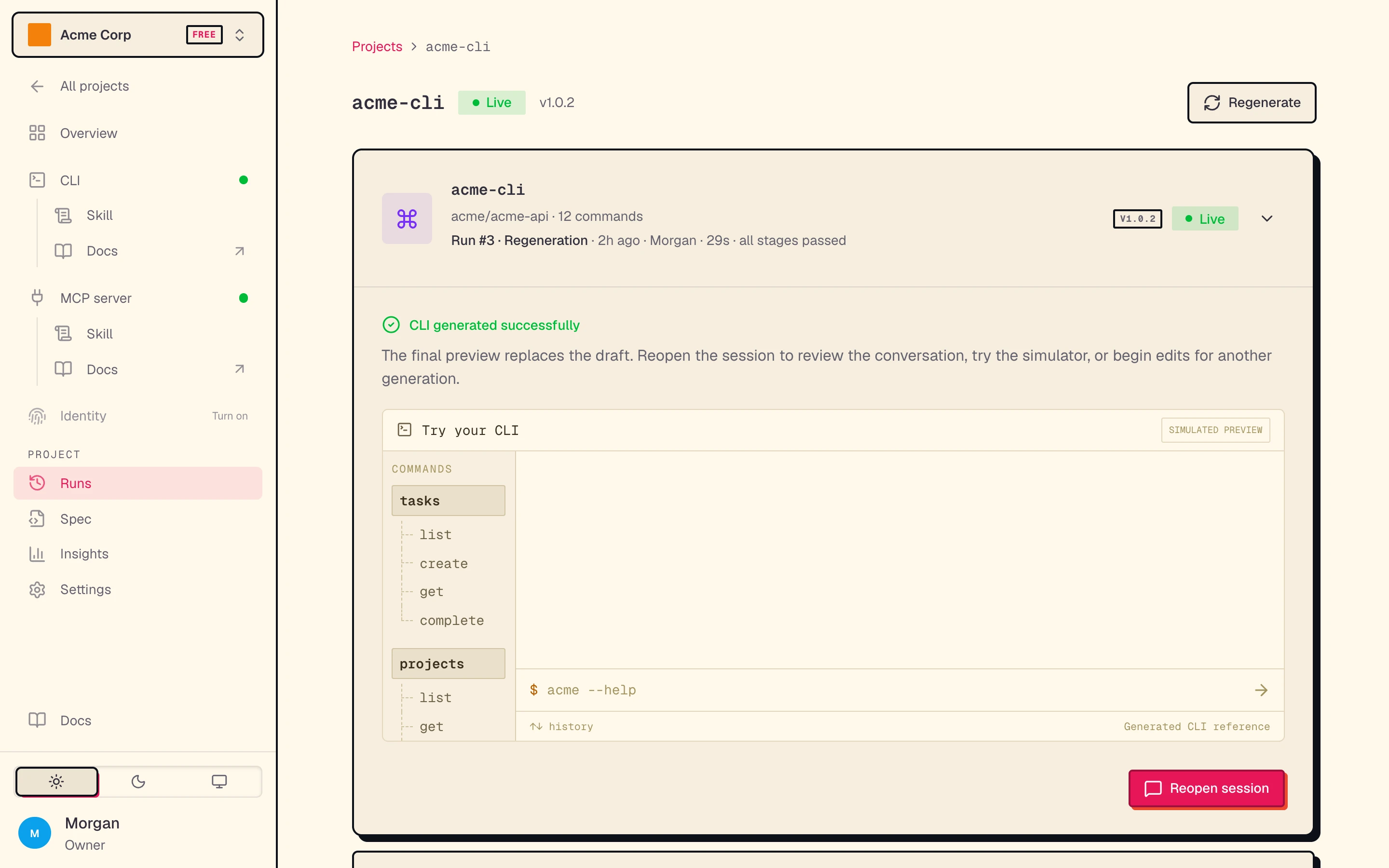 A successful build on the Builds page, with Try your CLI and Reopen session