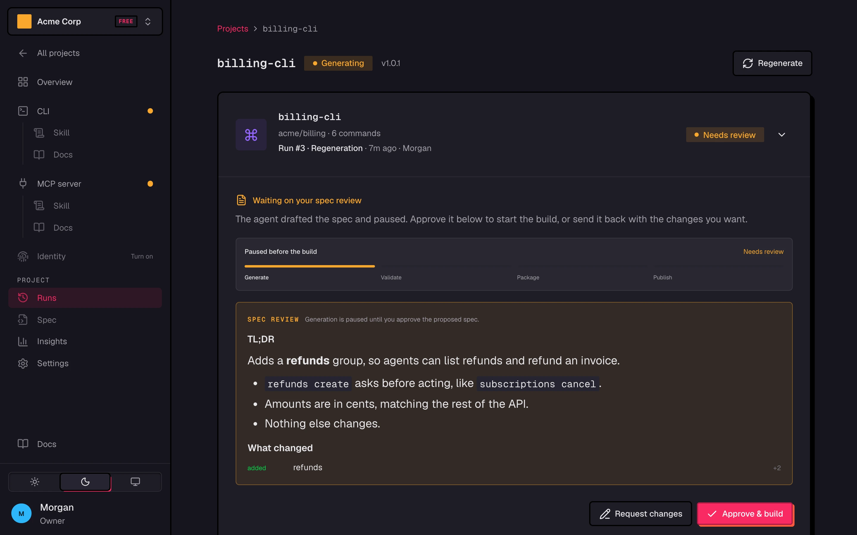 The Builds page with a build waiting for spec review, showing the summary, what changed, and the Request changes and Approve & build buttons