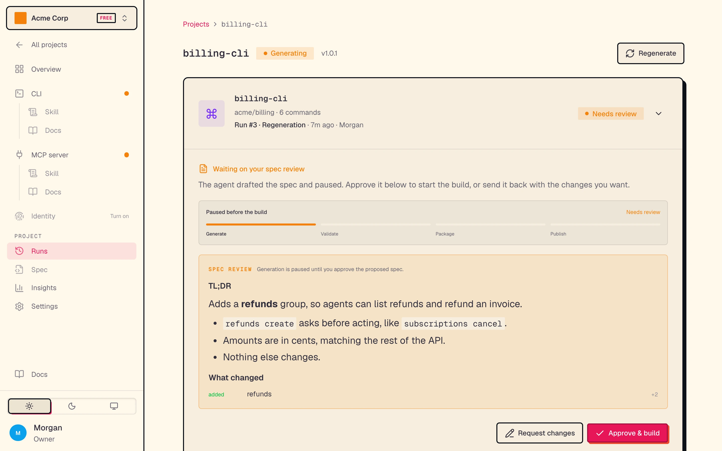 The Builds page with a build waiting for spec review, showing the summary, what changed, and the Request changes and Approve & build buttons