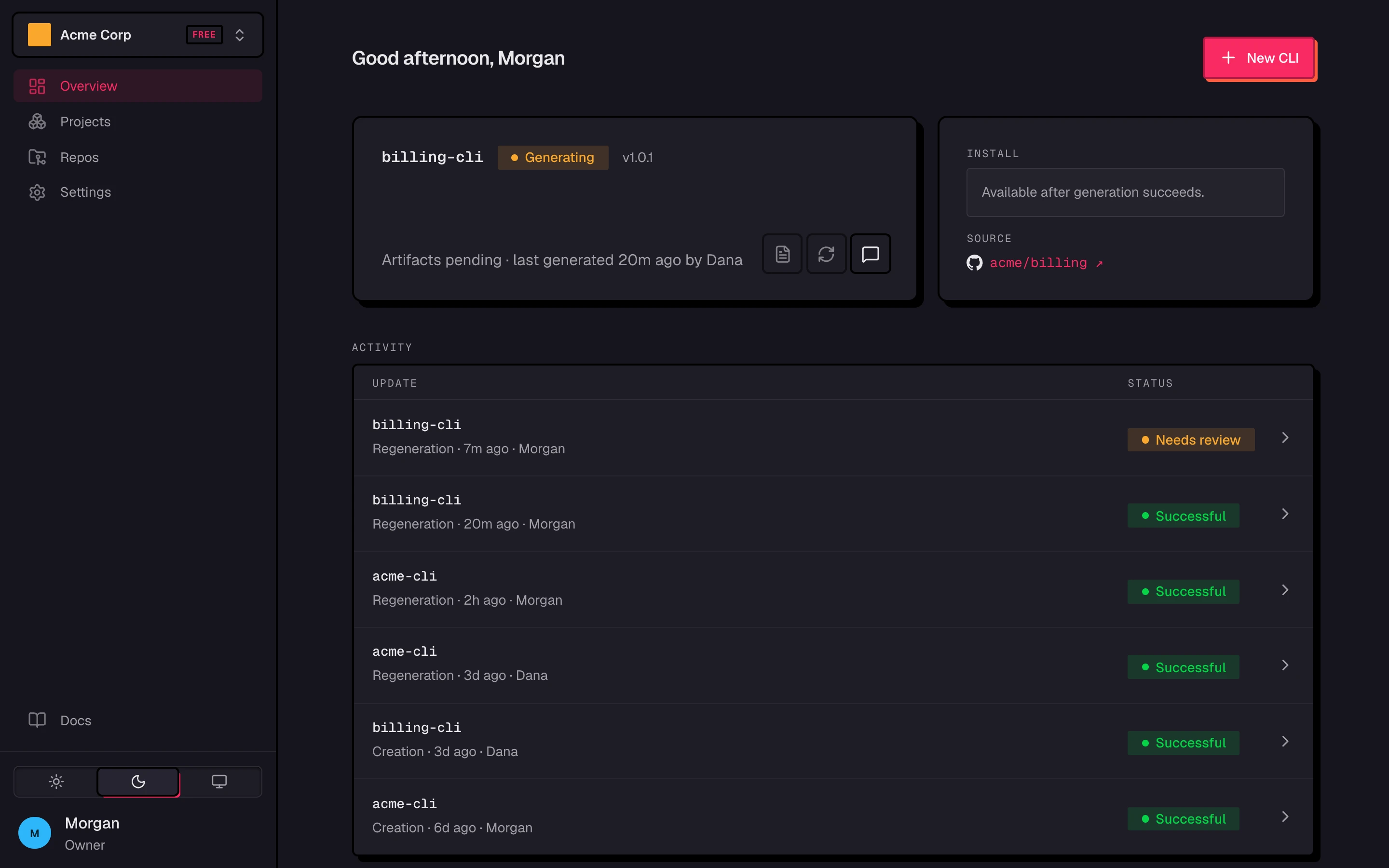 A workspace Overview with the New CLI button and recent activity