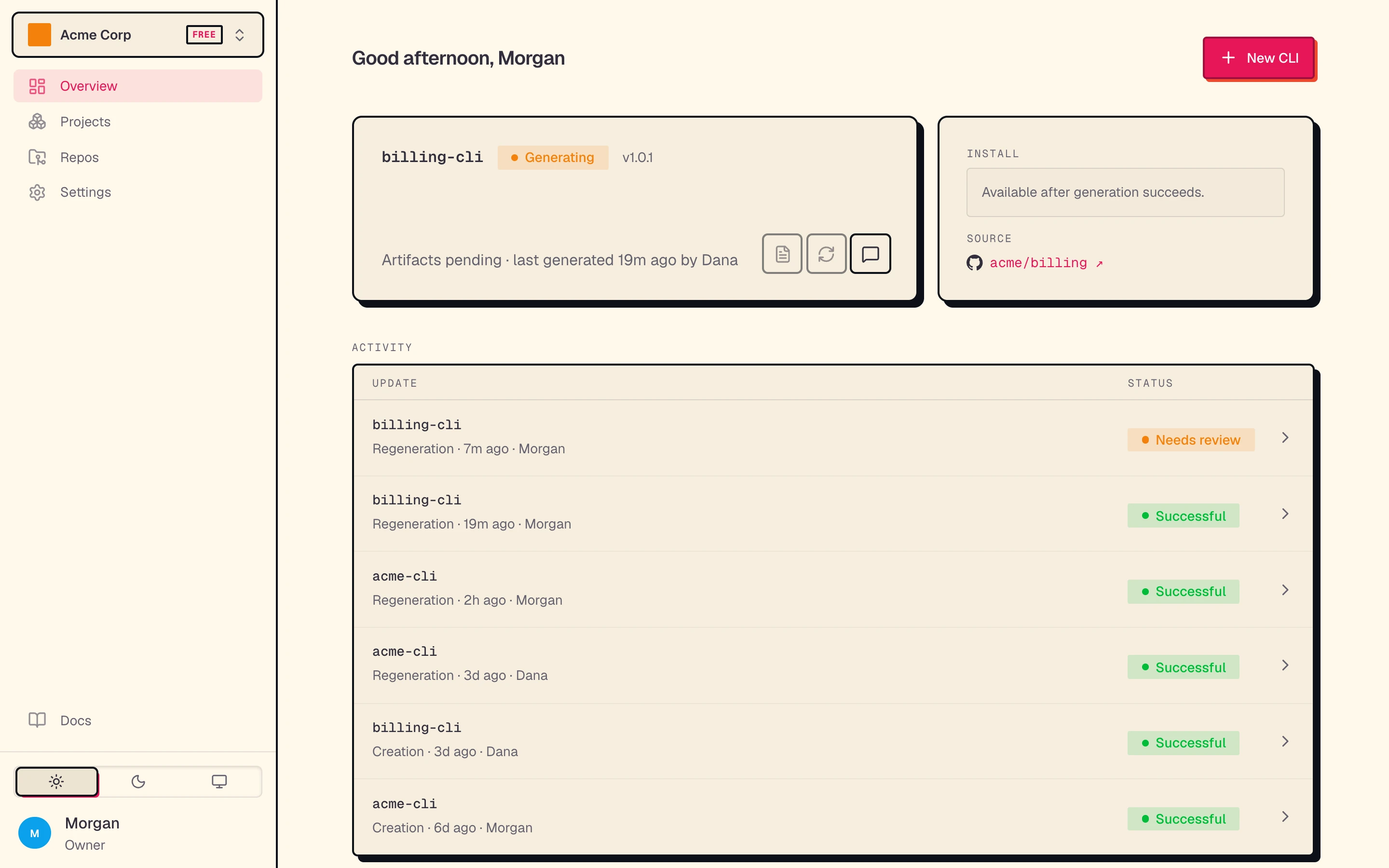 A workspace Overview with the New CLI button and recent activity